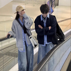美式假两件开衫衬衫领卫衣春秋季格子拼接cleanfit慵懒情侣外套男