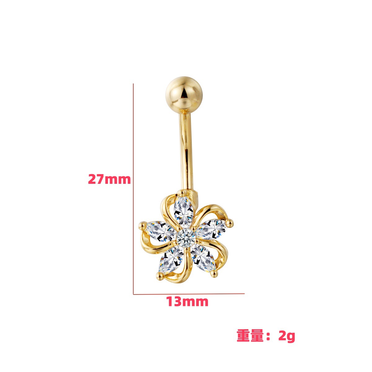Auf Lager – Bestseller! Luxuriöser, modischer und sexy Bauchnabelpiercing-Ring mit Zirkonia-Blume._voghion.com