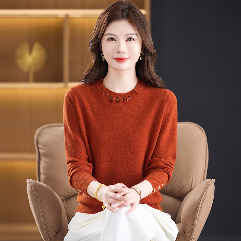 Chandisha Brand Mother's Clothing Autumn and Winter 100% Pure Wool Sweater Middle-Aged and Elderly Women's Large Size Pure Color Sweater Bottoming Shirt