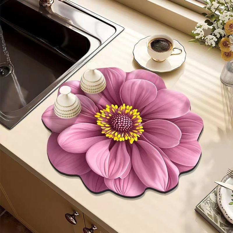 新しい3d花の水たまりの台所のテーブルの食器の乾燥のマットのコースターの吸水のマットは洗濯しないでテーブルのマットを拭くことができます。|undefined