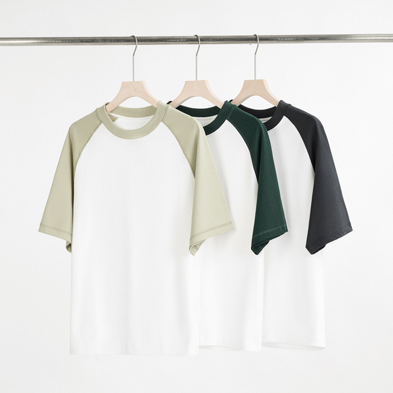 American casual 300g heavy cotton men's short-sleeved summer Raglan contrast color round neck loose top clothes men's T-shirt