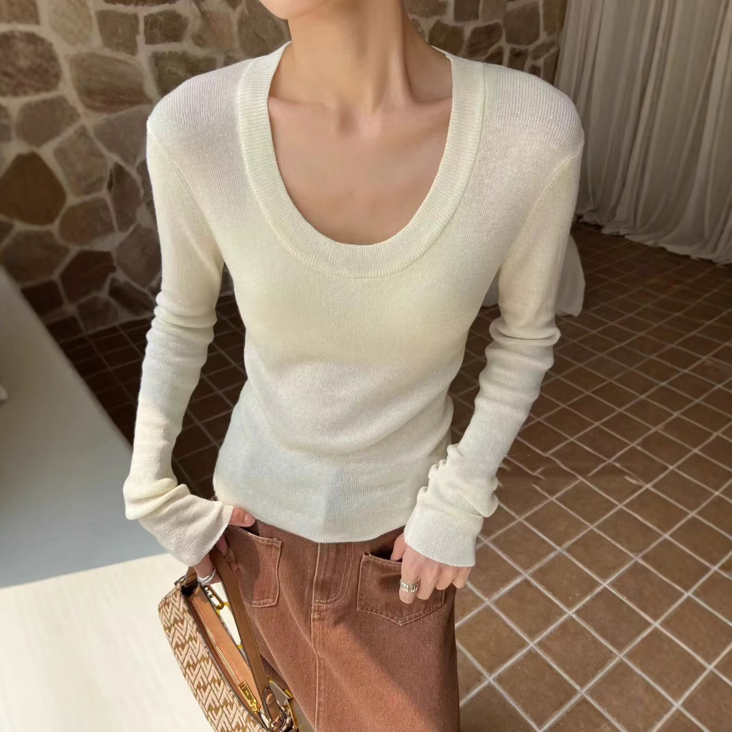 가을과 겨울 긴소매 U넥 솔리드 컬러 하이 엔드 미니멀리스트 한국식 풀오버 스웨터베이스 간단한 긴팔 탑