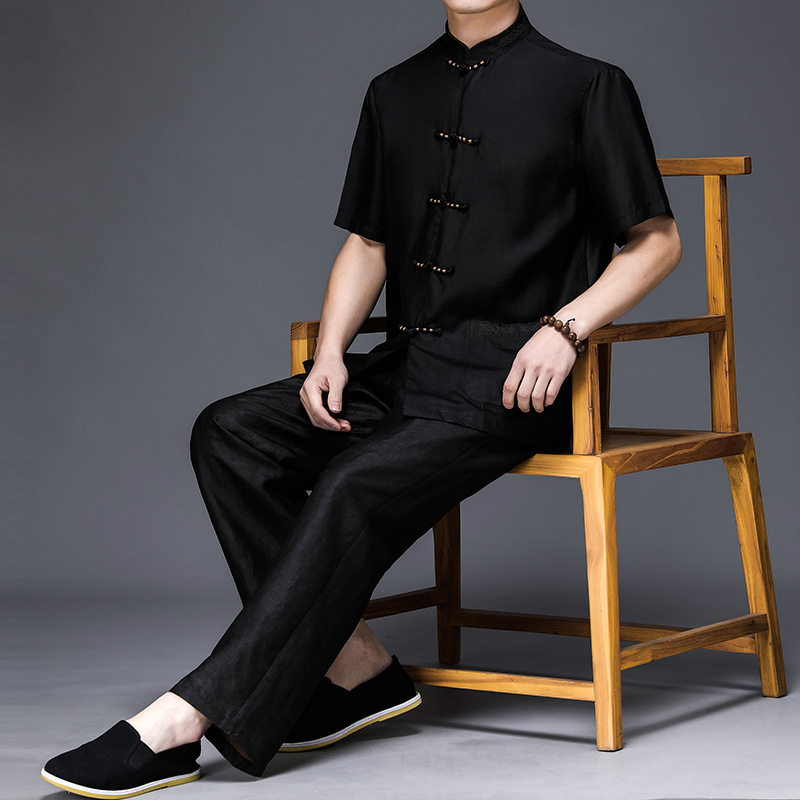 Xiangyun yarn genuine 100% mulberry silk silk men's shirt trousers spring new dad wear Chinese style suit Xiangyun yarn genuine 100% mulberry silk silk men's shirt trousers spring new dad wear Chinese style suit