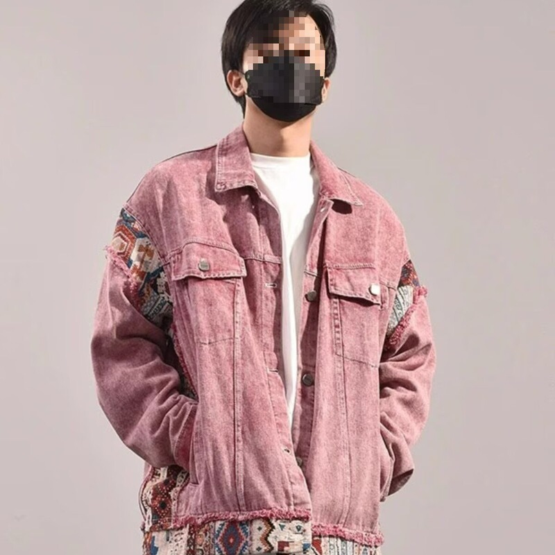 Fashion Washed Stitching Denim Jacket Men's and Women's Hong Kong Style Spring and Autumn Design Sense Red Distinctive Rouge Overwear Jacket