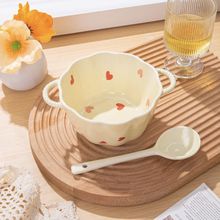 南瓜双耳陶瓷碗碗批发一碗一勺奶油釉下彩陶瓷双耳汤碗草莓