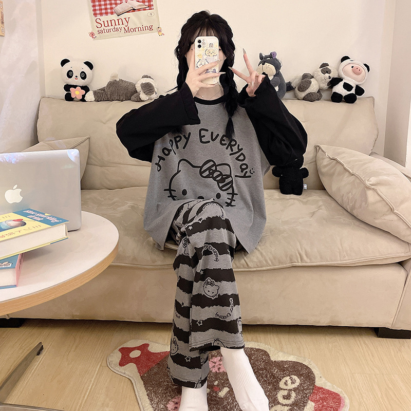 Pure Cotton Pajamas for Girls, Spring & Fall Long-Sleeved Cartoon Cute Teenagers and Students, Large Size Fat mm Autum Home Clothes