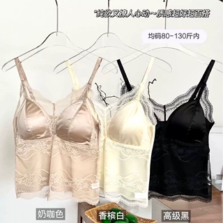 2025年直播早春新款法式蕾丝吊带缎面一字抹胸胸垫固定垫性感背心