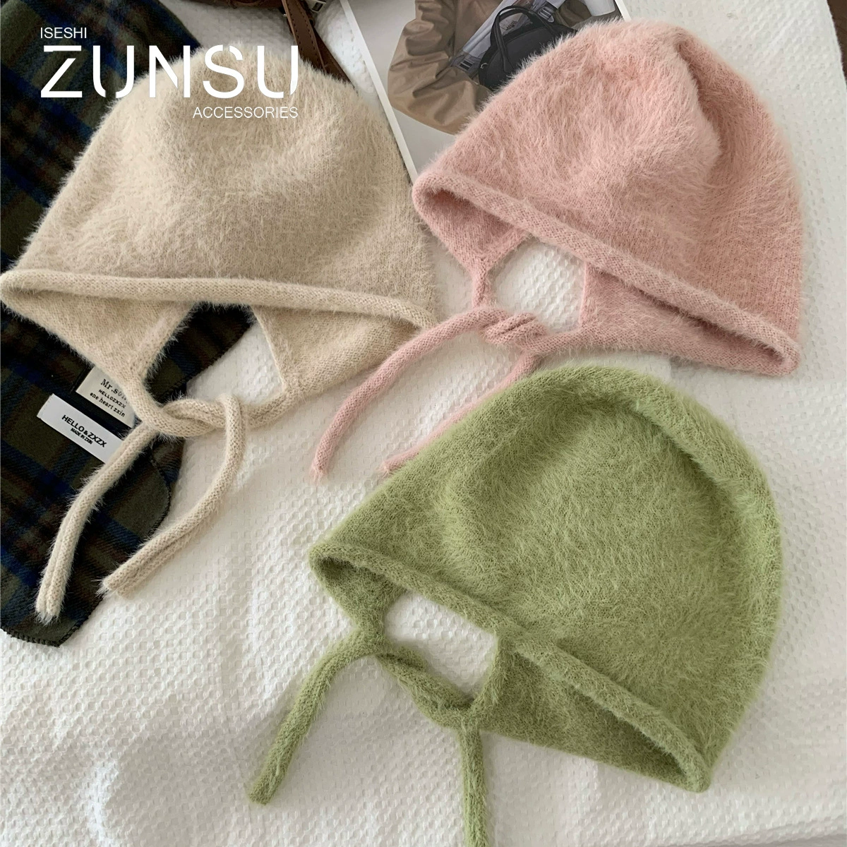 Японский милый бархатный пояс, демисезонная knitted шапка, тёплые шерстяные ушанки из плюша