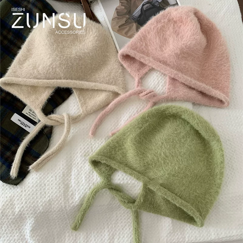 Японский милый бархатный пояс, демисезонная knitted шапка, тёплые шерстяные ушанки из плюша