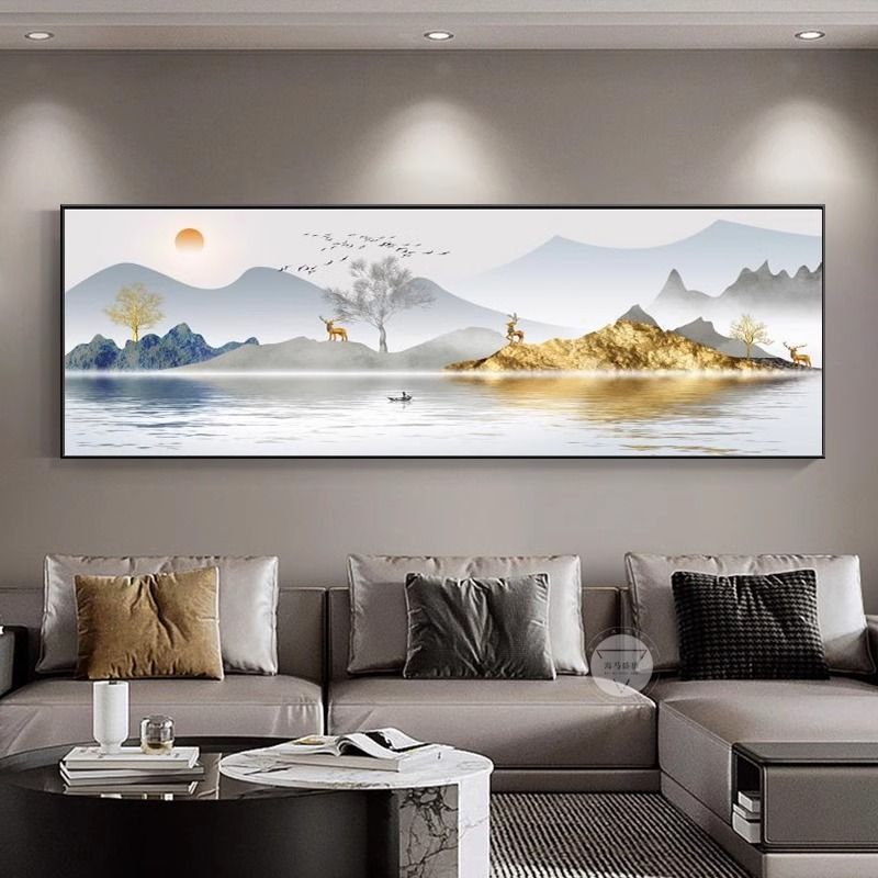 流水生財客間装飾画新中国式ソファー背景壁掛け画迎客松禅意茶室山水壁画|undefined