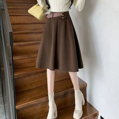 赫本风伞裙咖色毛呢半身裙女秋冬新款中裙到膝盖高腰a字气质裙子