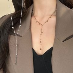 跨境欧美时尚网红圆球Y字流苏长款毛衣链高级感钛钢锁骨链项链女