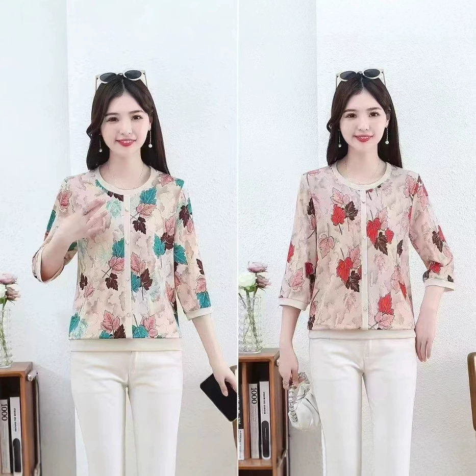 Китайская пуговица национальная женская печать солнцезащитный крем с застежкой летняя новая темпераментная рубашка мама топ среднего возраста