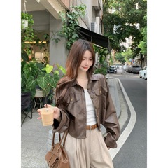 实拍 韩系翻领短款长袖PU皮衣外套女宽松百搭复古机车服上衣88475