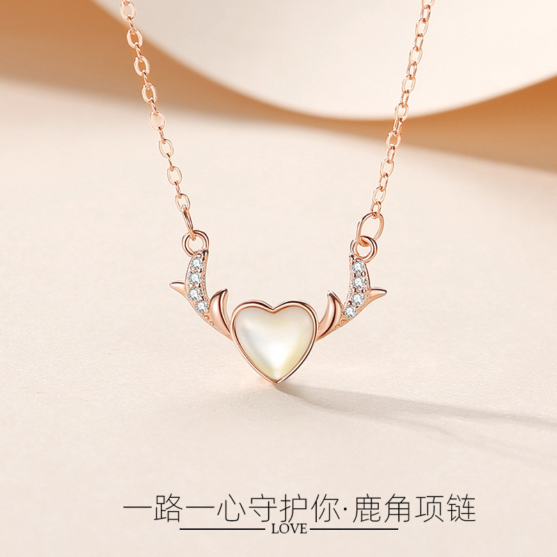 Plata esterlina S925 collar coreano nuevo ciervo tiene su collar en forma de corazón amor Concha astas diseño plata decoración Ceremonia
