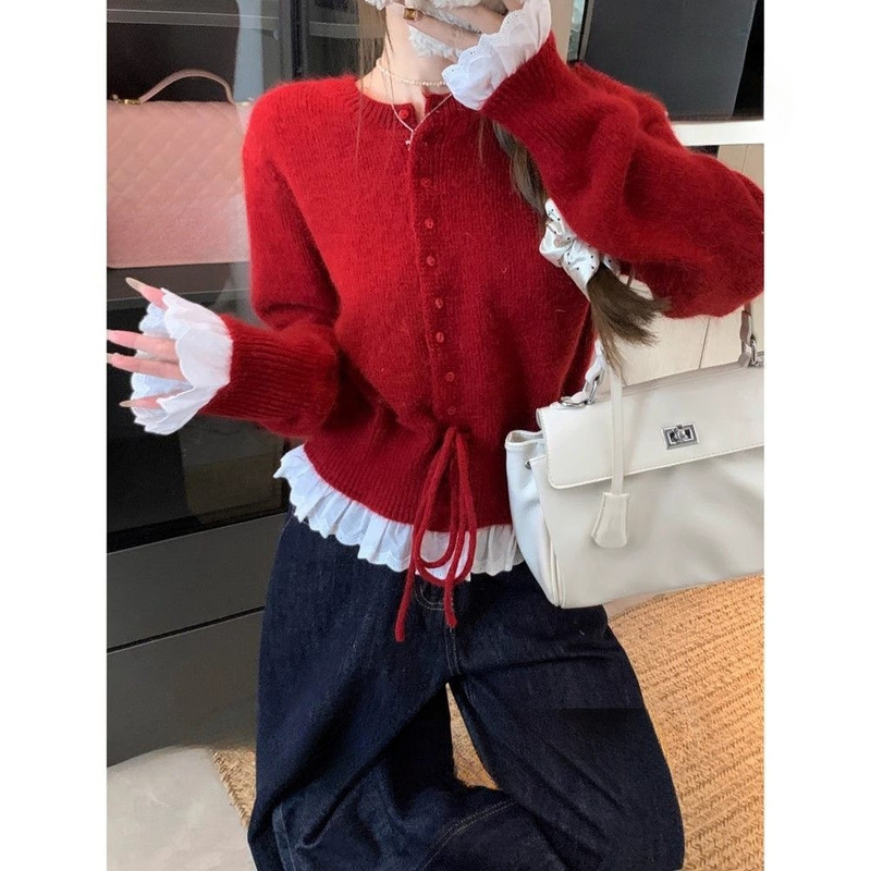 新年红色毛衣女2025冬季新款设计感蕾丝拼接系带收腰长袖针织上衣|undefined