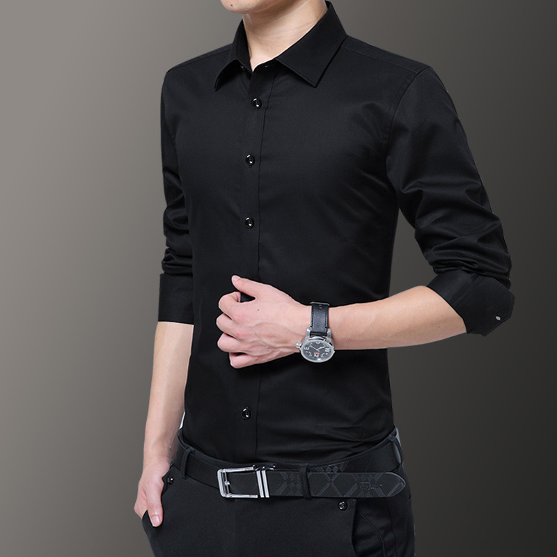 男士长袖白衬衫休闲百搭修身商务职业正装韩版潮流衬衣短袖黑色