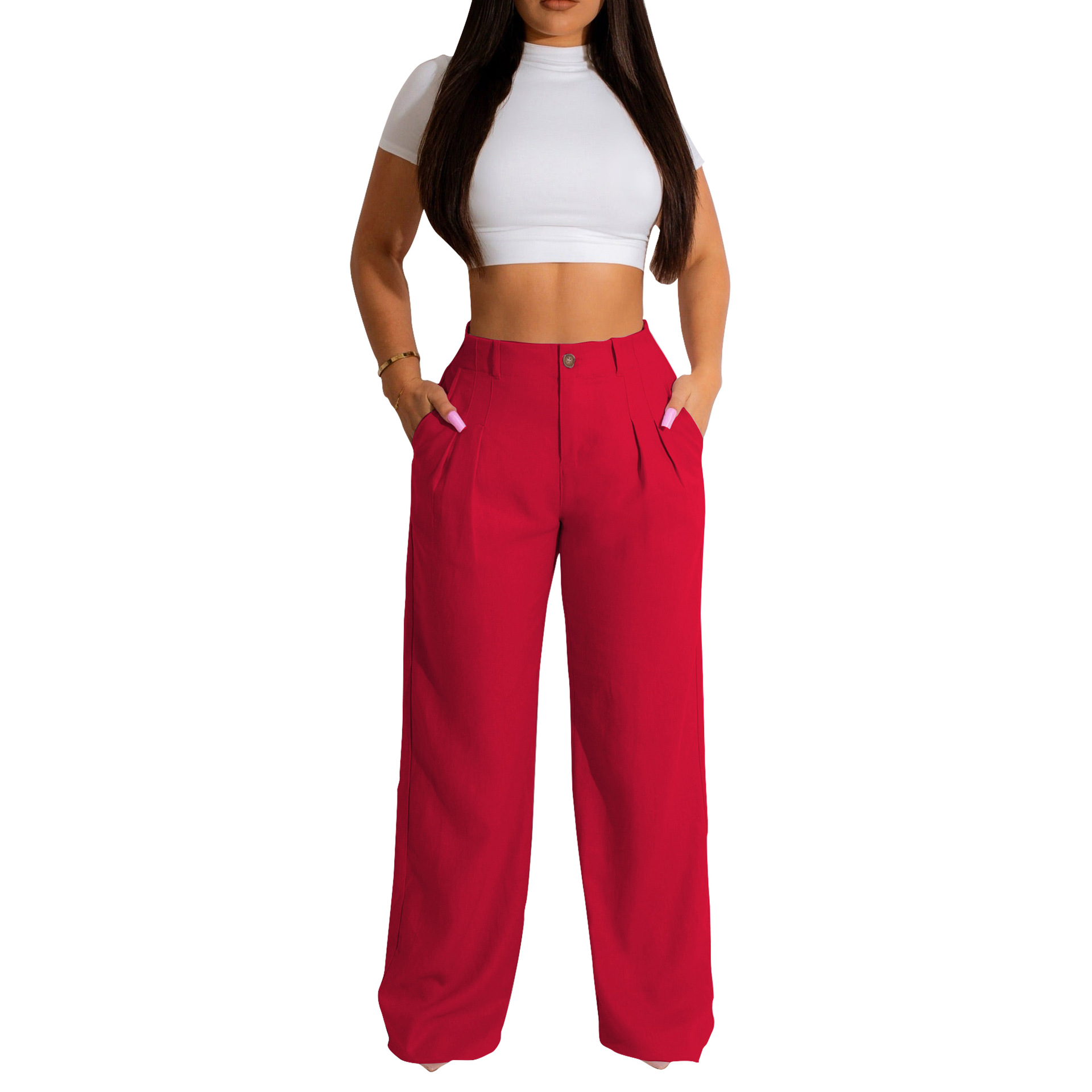 Breathable Linen-Cotton Straight Leg Pants For Women – High-Waisted Summer Trousers, Lightweight & Office-Ready (Black/Mint/Blue/Orange/Red/Pink)_ecoleips.com