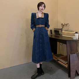 大码胖妹妹收腰复古单排扣牛仔连衣裙气质显瘦过膝长裙V领打底裙