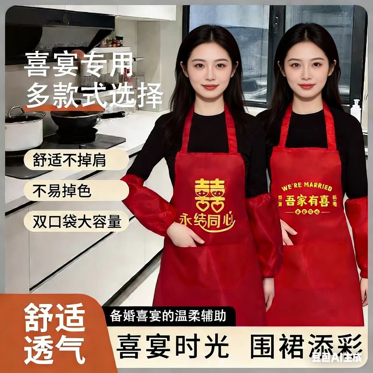 围裙家用厨房结婚围裙印字红色袖套生日寿宴婚庆满月礼品乔迁围裙