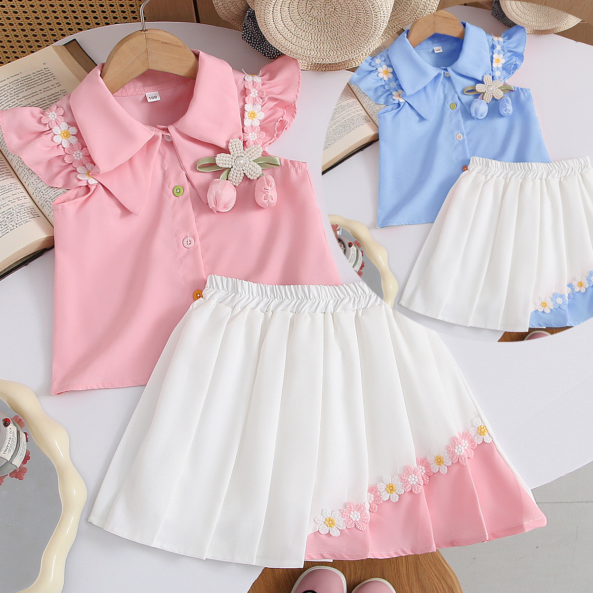 女童套装夏季新款儿童装洋气短袖夏装小女孩衬衫百褶裙两件套6731