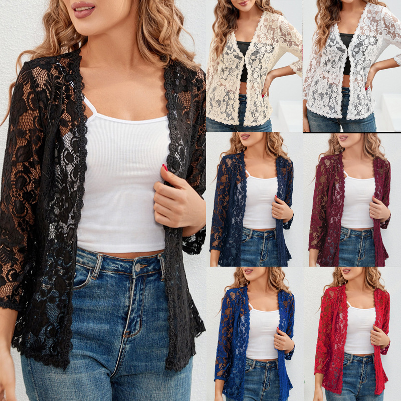 2025 Amazon European and American New Cross-border Loose Joker plus size Sunscreen Lace Top Hollow Perspective Cardigan