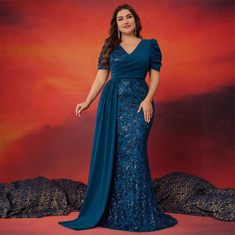 European and American Plus-Size Evening Dress 2026 New Elegant Sequined V-Neck Short-Sleeve Cocktail Party Dress Cross-Border Gown European and American Plus-Size Evening Dress 2026 New Elegant Sequined V-Neck Short-Sleeve Cocktail Party Dress Cross-Border Gown