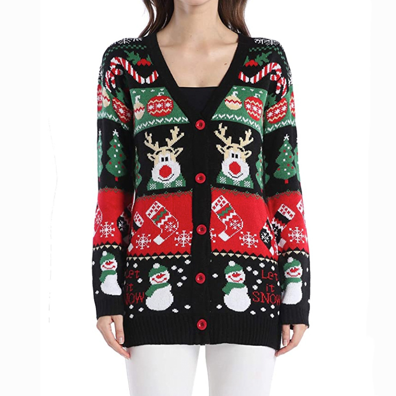 Casual Snowman Snowflake Elk Acrylic Knit V Neck Long Sleeve Regular Sleeve Patchwork Rib-knit Cardigan display picture 1