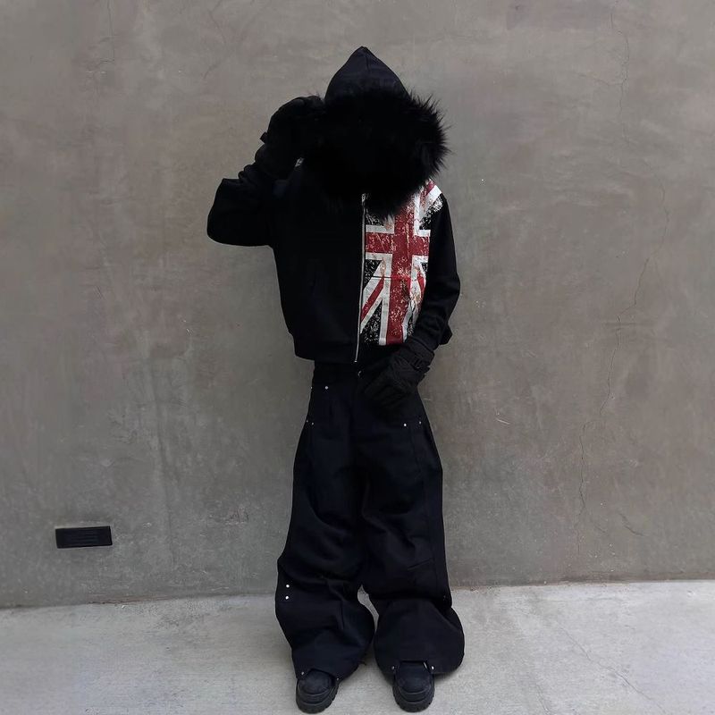 欧美ins黑色连帽毛领卫衣男长袖套头连帽衫复古外套街头潮流|undefined