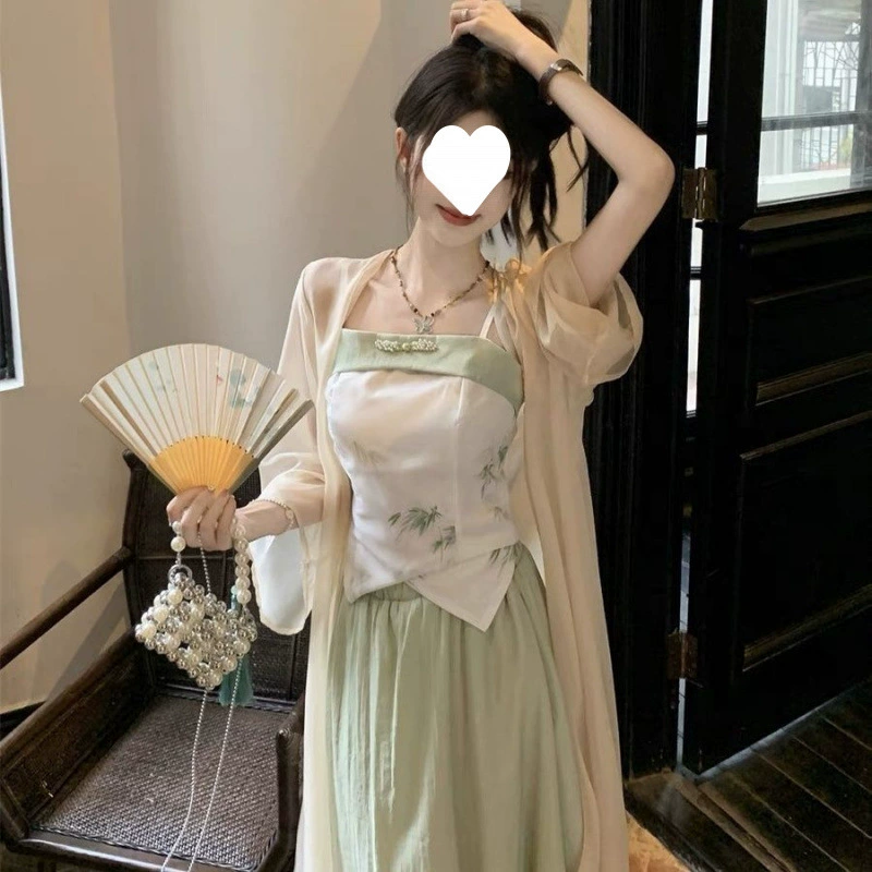Новая женская одежда в китайском стиле, улучшенная династия Хань в национальном стиле, маленькое зеленое платье на подтяжках, летний комплект из трех предметов для женщин.