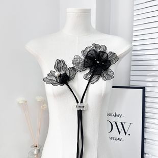 Black double three-dimensional imitation pearl rhinestone mesh lace flower Lolita handmade wedding dress decoration