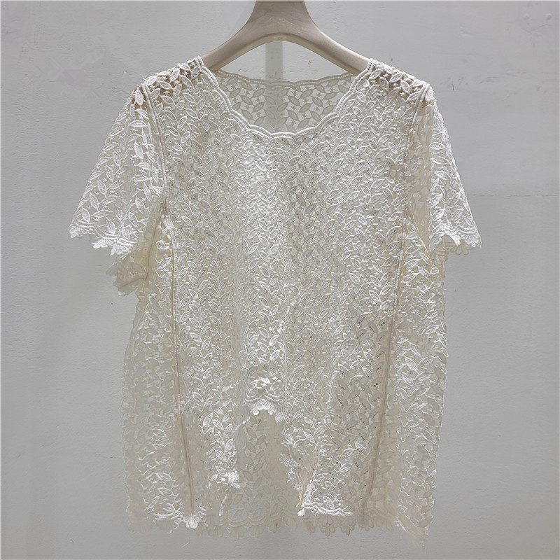 Camiseta de mangas cortas de encaje hueco irregular, camiseta de mujer, gran tamaño de verano, gorda mm, delgada y hermosa camiseta única