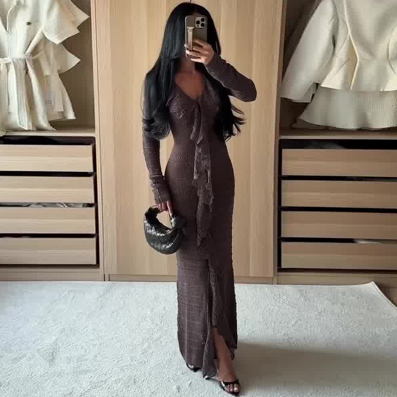 2026 New European and American Amazon Cross-Border Foreign Trade Women's Clothing V-Neck Ruffled Coffee-Colored Elegant Bodycon Long Dress