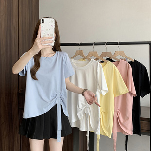 Actual Shot of 2025 Summer New Style Fat mm Plus Size Women's Fashionable Versatile Asymmetrical Bow Tie Age-Reducing T-Shirt
