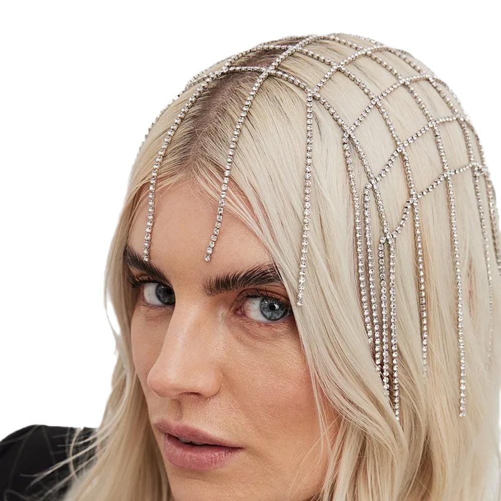 Venta caliente transfronteriza completa diamante borla pelo cadena temperamento malla rhinestone tocado caliente joyería femenina headwear