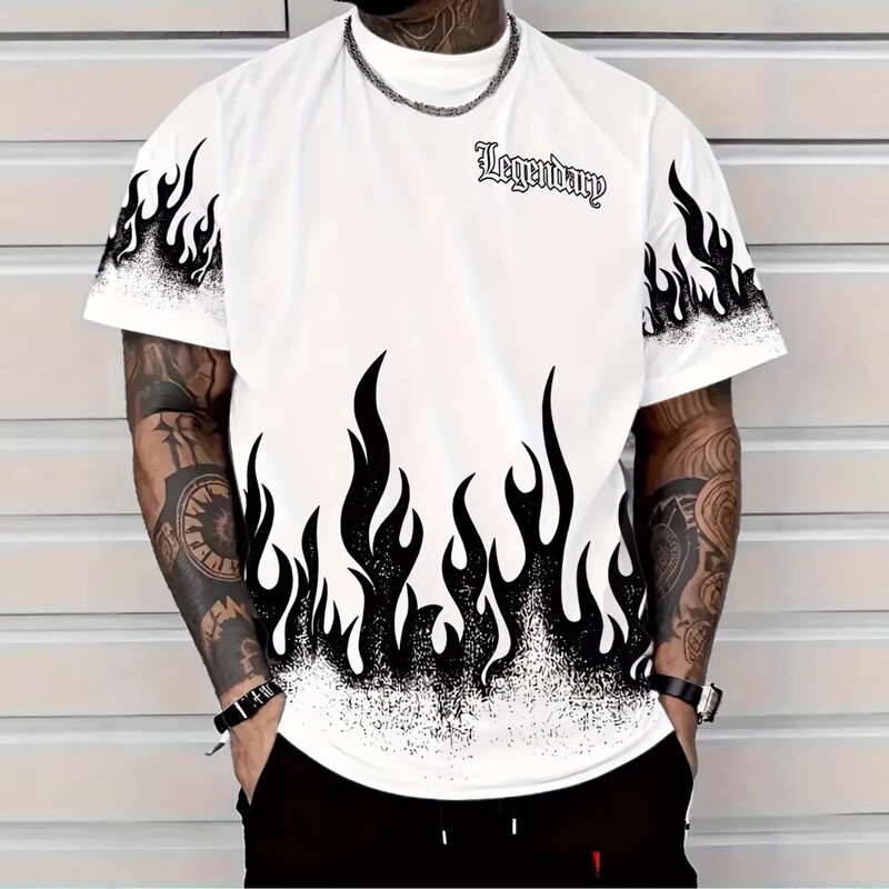 Men's Trendy Gothic Style Flame Number 96 Print Short Sleeve T-Shirt Suitable for Friend Gatherings and Daily Casual Wear Men's Trendy Gothic Style Flame Number 96 Print Short Sleeve T-Shirt Suitable for Friend Gatherings and Daily Casual Wear