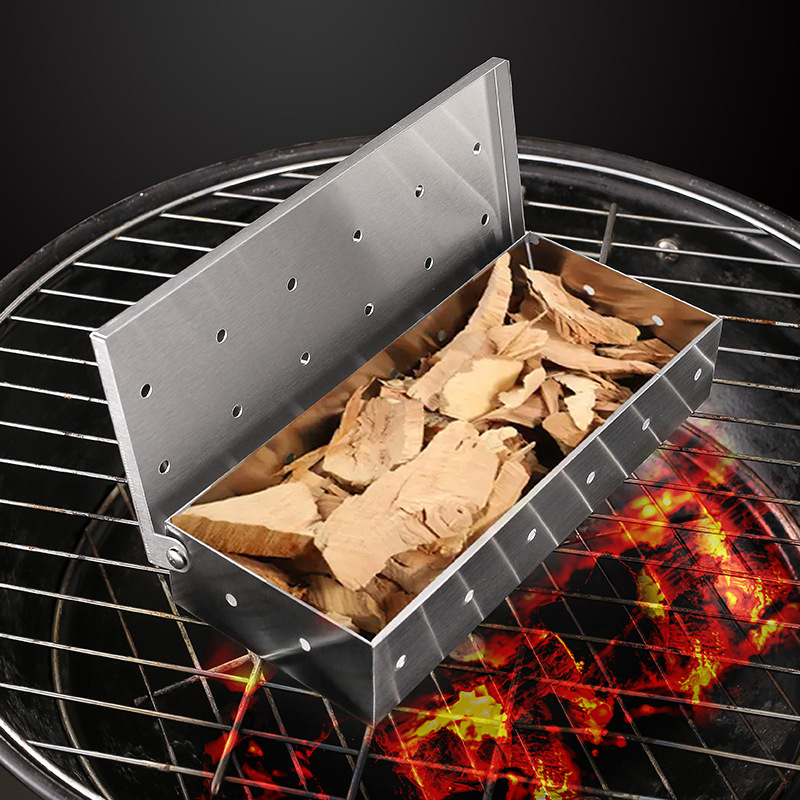 Stainless Steel Smoking Box Barbecue Commercial Model Fruitwood Box Smoking Box Charcoal Steel Plate Bbq Outdoor Kitchen Household Use
