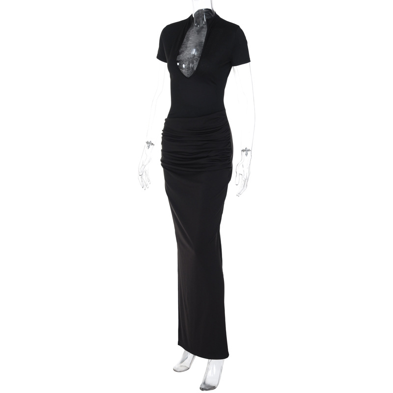 Women's Sheath Dress Sexy V Neck Pleated Hollow Out Short Sleeve Solid Color Maxi Long Dress Daily display picture 12