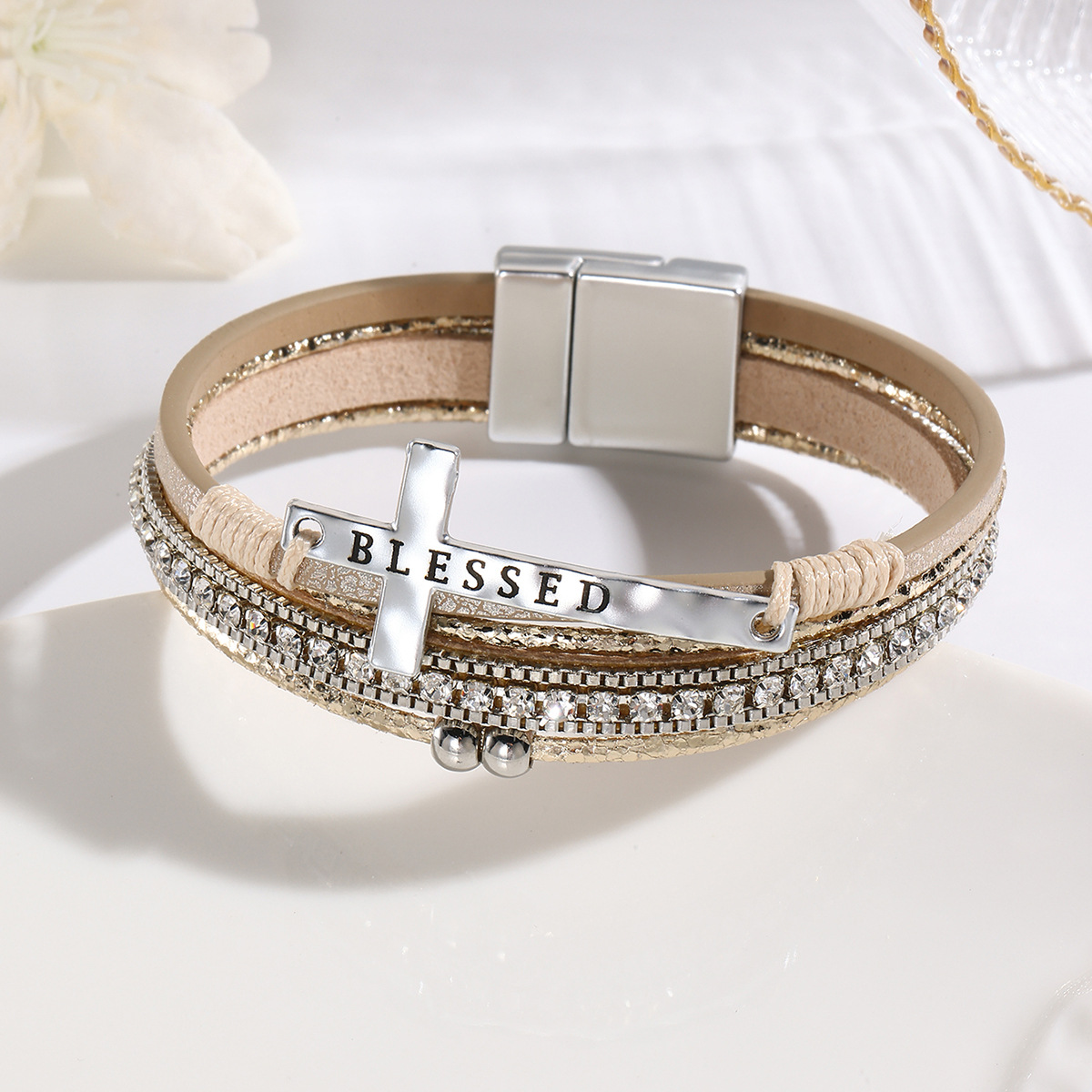 Cross-border Bohemian Style Cross Light Luxury Micro Inlaid Diamond Magnetic Clasp PU Leather Multi-layer Bracelet_voghion.com