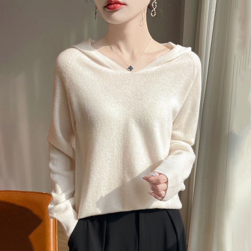 25 First-line Clothing Silk Wool Knitted Sweater Loose Soft Waxy Sweater with Hat Base Shirt Hooded Women's Autumn and Winter Sweater