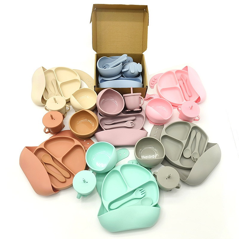 Complemento alimenticio transfronterizo para niños, plato de silicona, plato de suplemento alimenticio para bebés, plato de comida sonriente de seis piezas, vajilla para alimentación maternoinfantil al por mayor