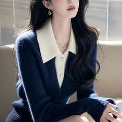 假两件毛衣女拼色翻领针织衫上衣2025秋冬季新款气质减龄显瘦外穿