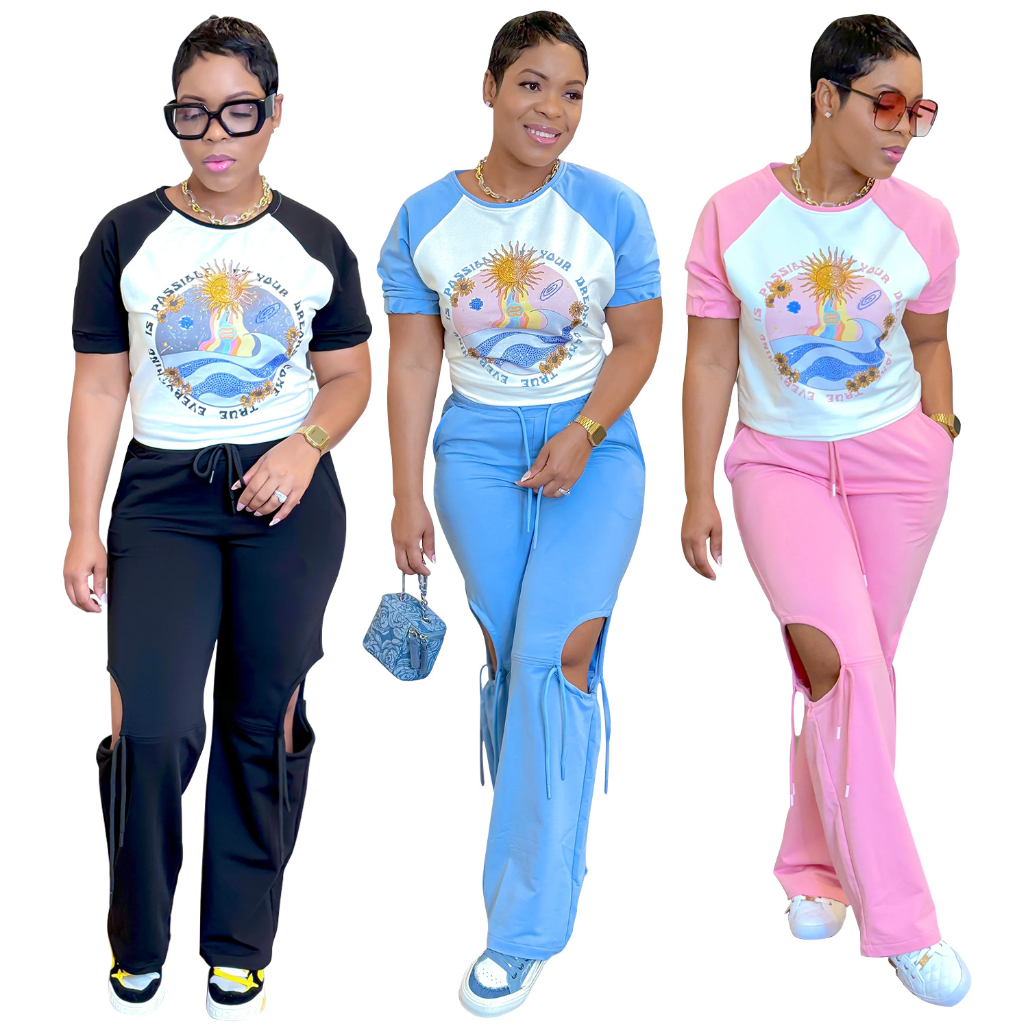 C6998 Aliexpress transfronterizo Amazon estación independiente de moda europea y americana impresión multicolor de ropa de mujer manga corta pantalón largo conjunto