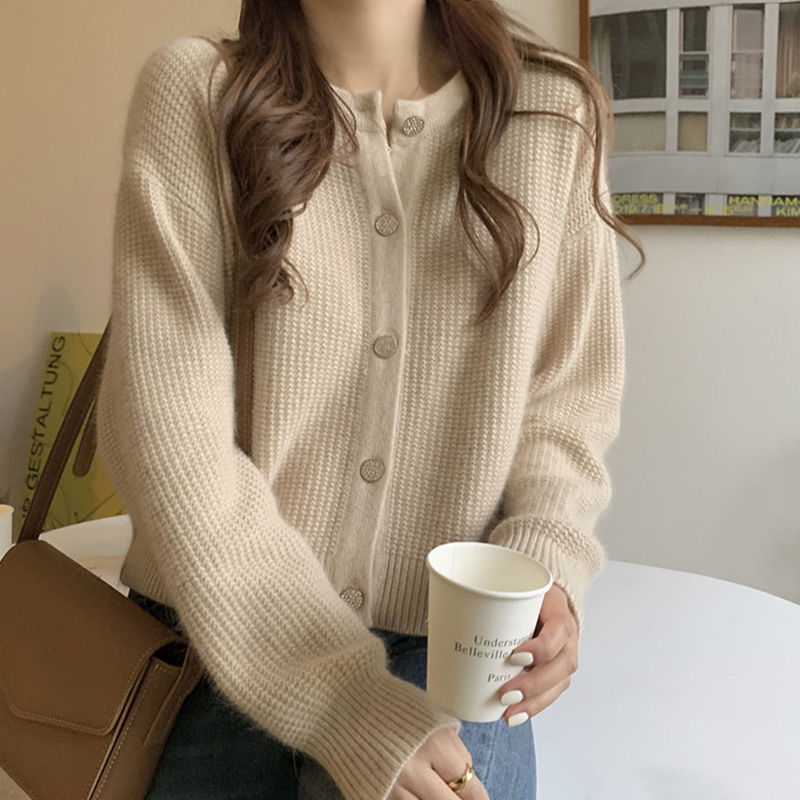 网红温柔风毛衣外套女短款圆领上衣外搭复古港风小个子针织开衫潮|undefined
