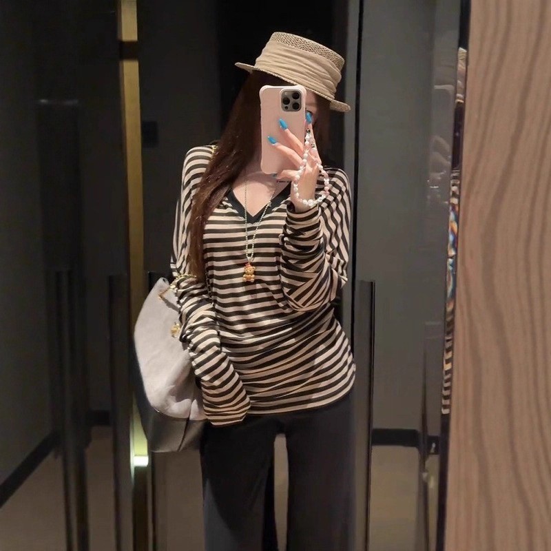 慵懒松弛感条纹防晒长袖罩衫女夏小众设计感宽松休闲百搭T恤上衣|undefined