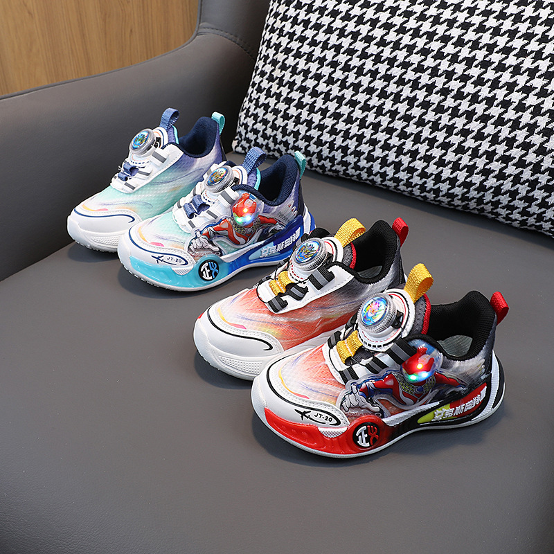 Rotating buckle boys' lightweight sneaker light-on children's running shoes 2024 Spring and Autumn new mesh breathable basketball shoes