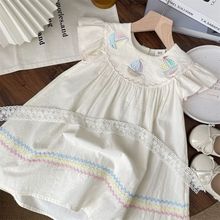 2025夏季童装女童重工刺绣飞袖连衣裙宝宝百搭裙子儿童裙洋气薄款