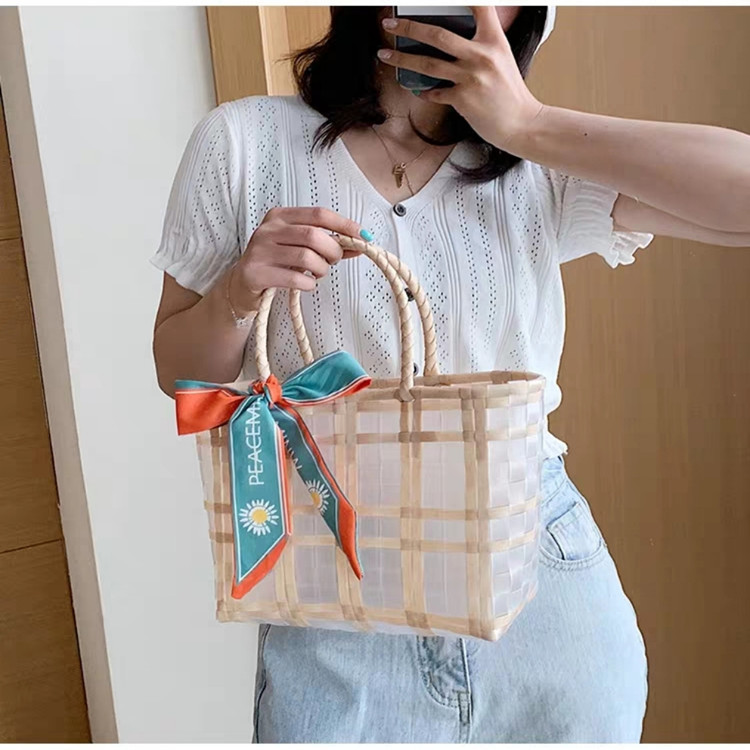 756g Weight Open Closure Type Double Handle Strap Type Handbag Bags Type Holiday, Travel Occasion PVC Material Plaid Pattern All Seasons Season Women's Gender Cute, Vacation Style Square Shape Large Size Women's Cute Vacation Plaid PVC Shopping Bags 10