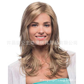厂家现货批发 欧美时尚女士假发女士长卷发金色cos化纤高温丝头套