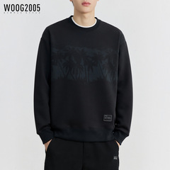 WOOG2005圆领黑色印花长袖卫衣男2025秋季新款微宽松休闲套头上衣